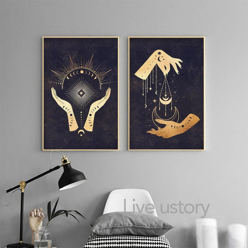 Witchy Wall Decoration Canvas Painting Sun and Moon Celestial Posters Witchcraft Art Prints Abstract Wall Pictures Home Decor