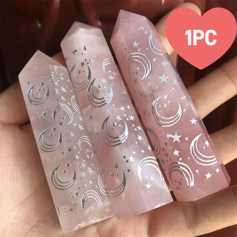 1PC Natural Clear Crystal Quartz Tower Carved Rune Moon Star Spiritual Crystals Healing Wands Point Ornament