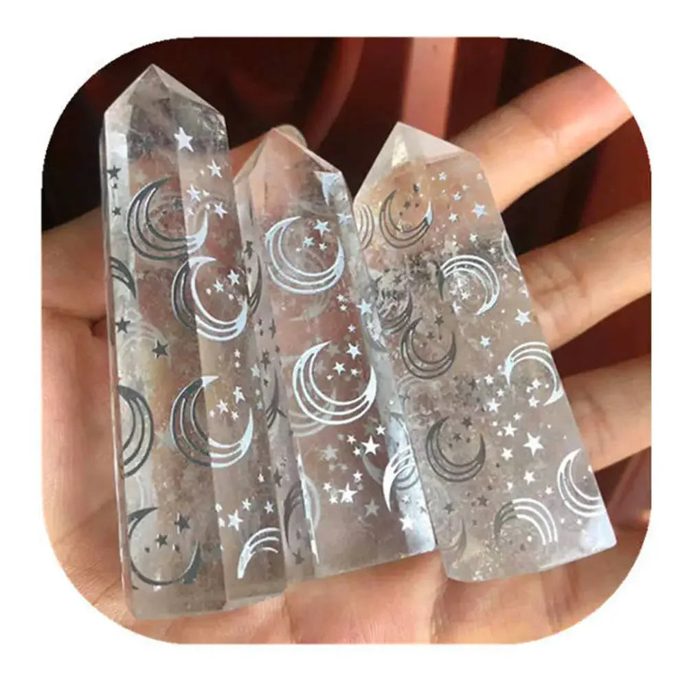 1PC Natural Clear Crystal Quartz Tower Carved Rune Moon Star Spiritual Crystals Healing Wands Point Ornament