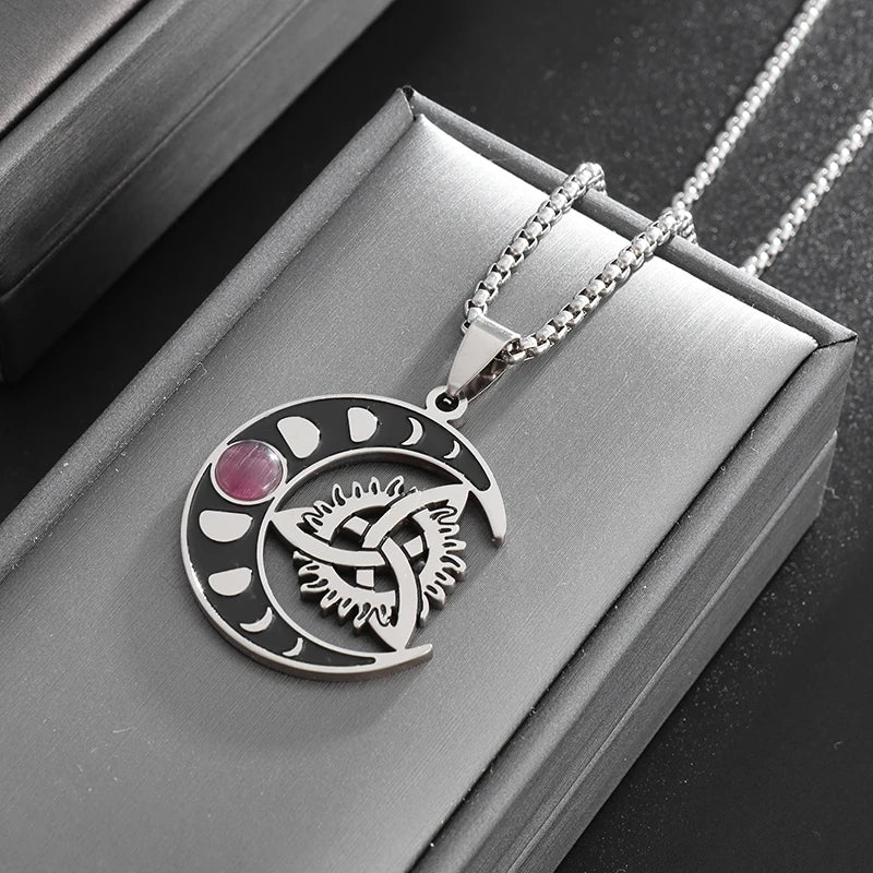 Stylish Celtic Moon Pendant Witchcraft Witch\\'s Knot Necklace for Men Women Personality Charm Amulet Jewelry