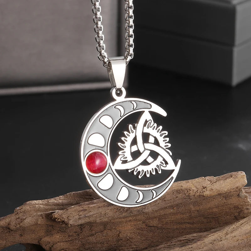 Stylish Celtic Moon Pendant Witchcraft Witch\\'s Knot Necklace for Men Women Personality Charm Amulet Jewelry