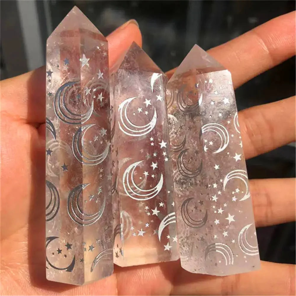 1PC Natural Clear Crystal Quartz Tower Carved Rune Moon Star Spiritual Crystals Healing Wands Point Ornament