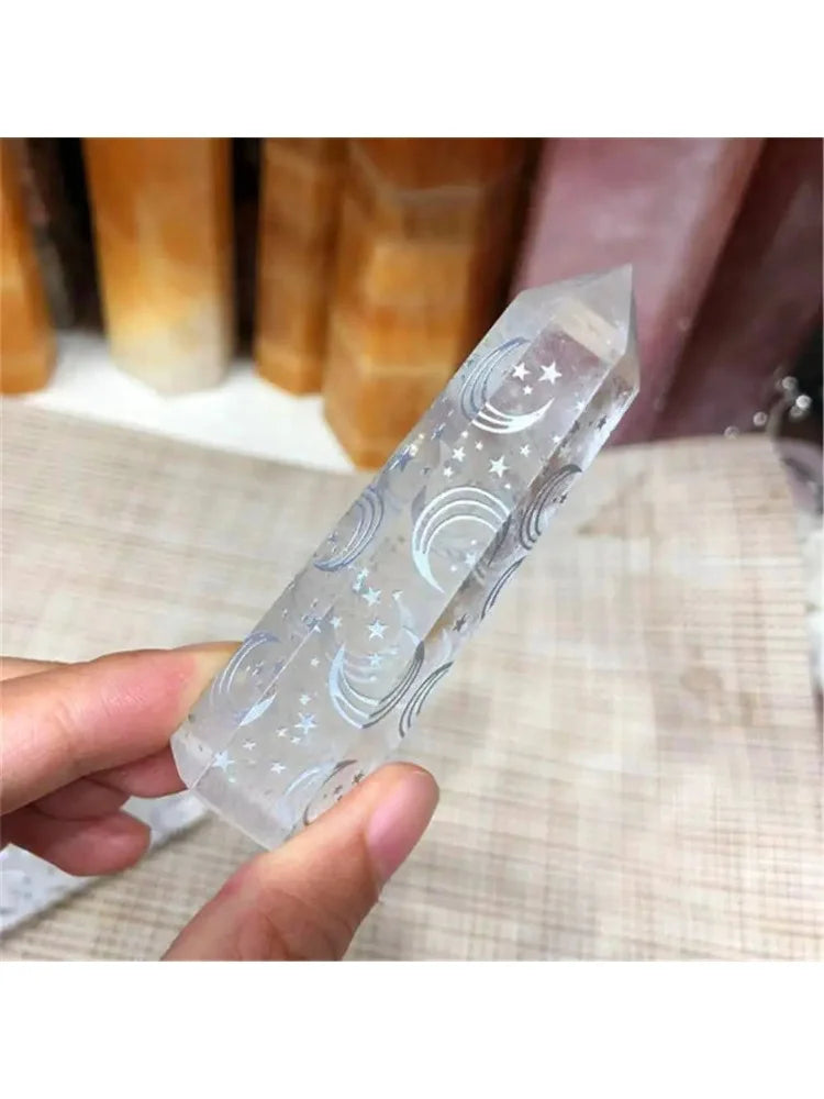 1PC Natural Clear Crystal Quartz Tower Carved Rune Moon Star Spiritual Crystals Healing Wands Point Ornament