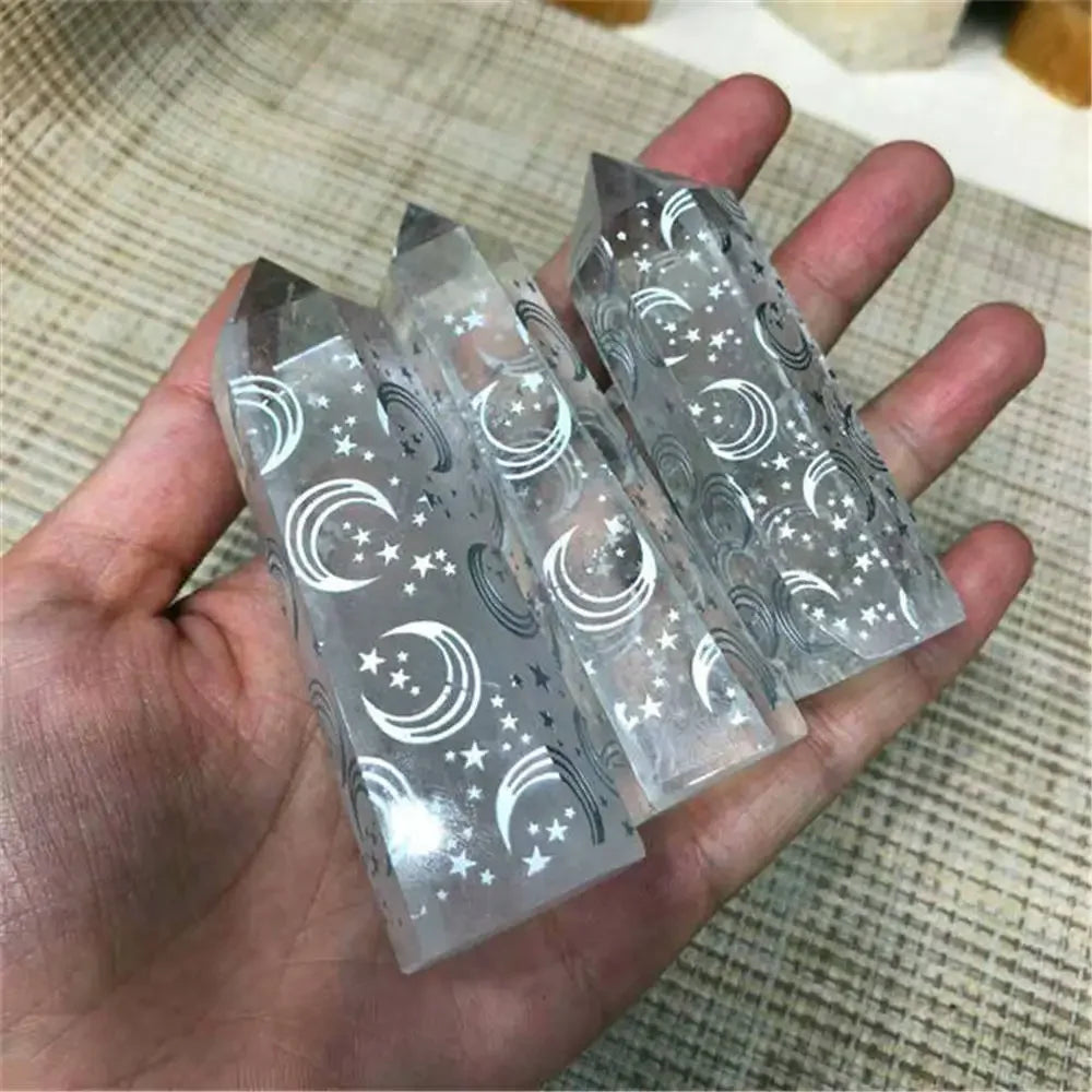 1PC Natural Clear Crystal Quartz Tower Carved Rune Moon Star Spiritual Crystals Healing Wands Point Ornament