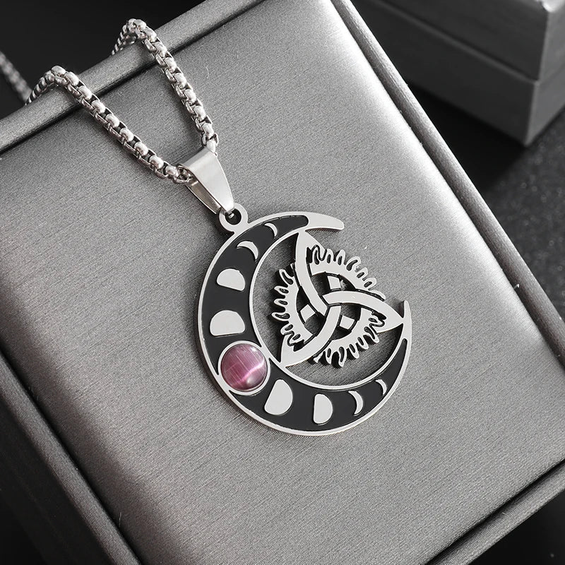 Stylish Celtic Moon Pendant Witchcraft Witch\\'s Knot Necklace for Men Women Personality Charm Amulet Jewelry