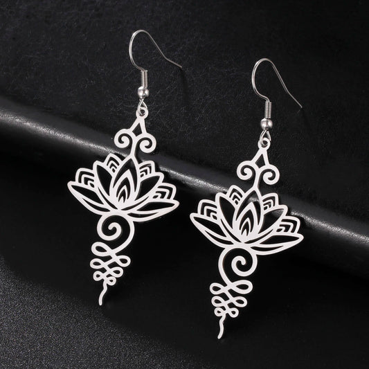 Lemegeton Lotus Flower Drop Earrings Stainless Steel Unalome Pendant Earrings Women Buddhism Yoga Spiritual Elegant Jewelry Gift