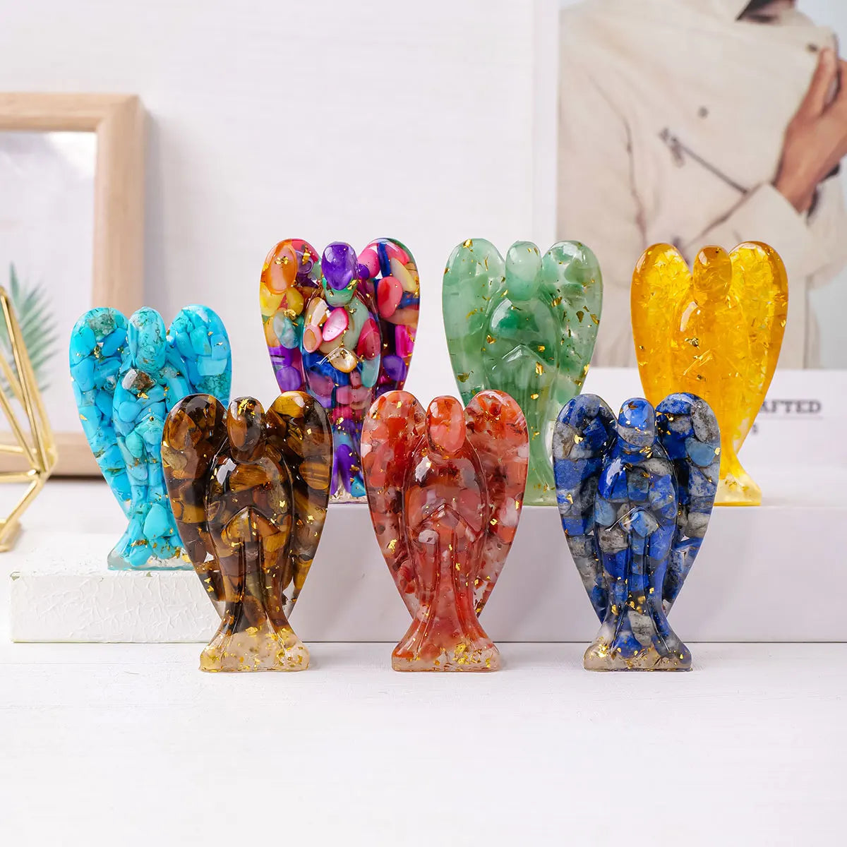 1PC Natural Crystal Macadam Drop Glue Resin Angel Reiki Healing Figurine Home Decoration Trinket Craft Gift Household Supplies