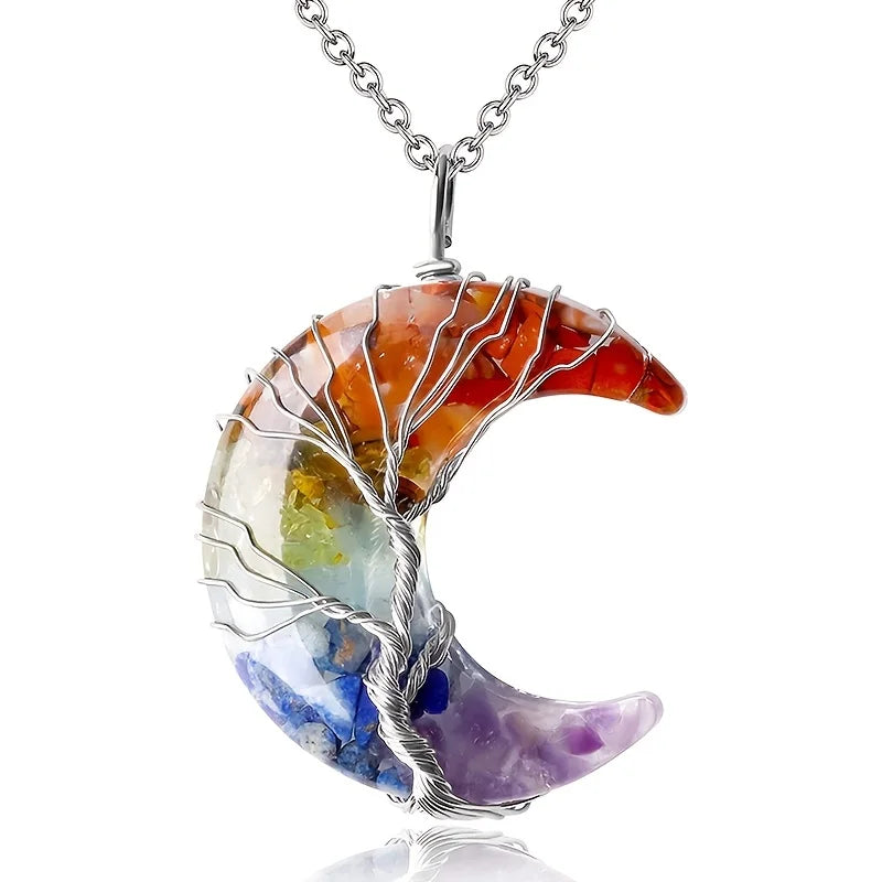 7 Chakra Healing Crystal Necklace Tree Life Wire Wrapped Crescent Moon Phase Stone Pendant Necklaces Natural Resin Reiki Spiritu