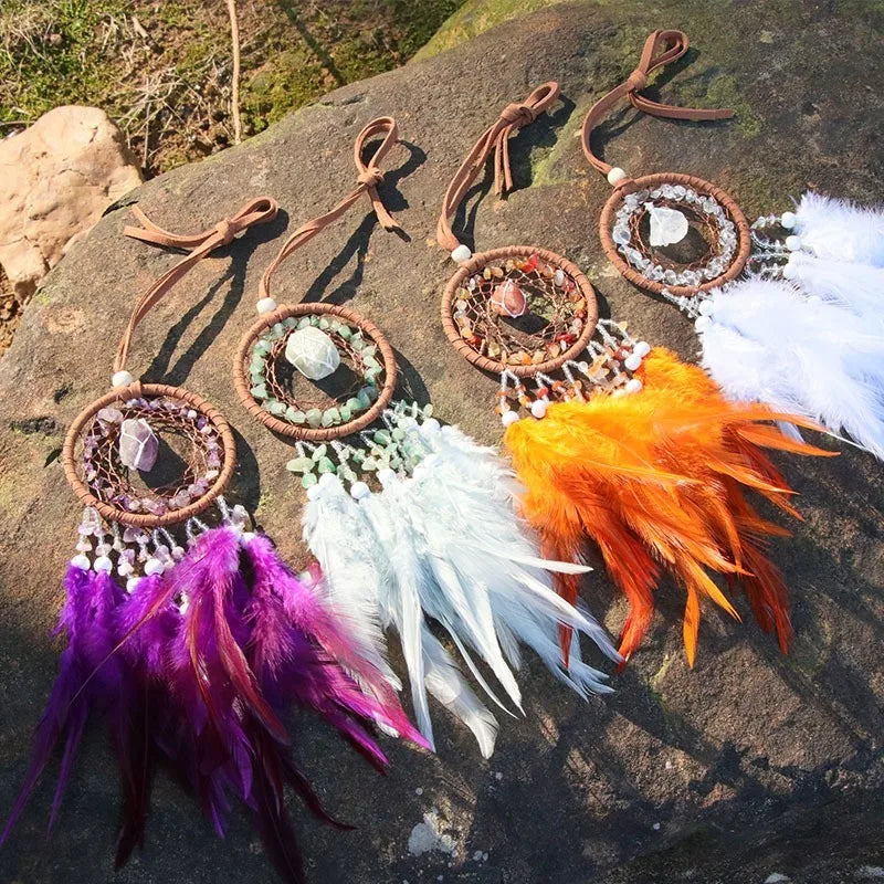 natural Agate Dream Catchers 7 Chakra Crystal Gemstone Dream Catcher Tree Life Crystal Feather Dream Catchers Bedroom Hangings A