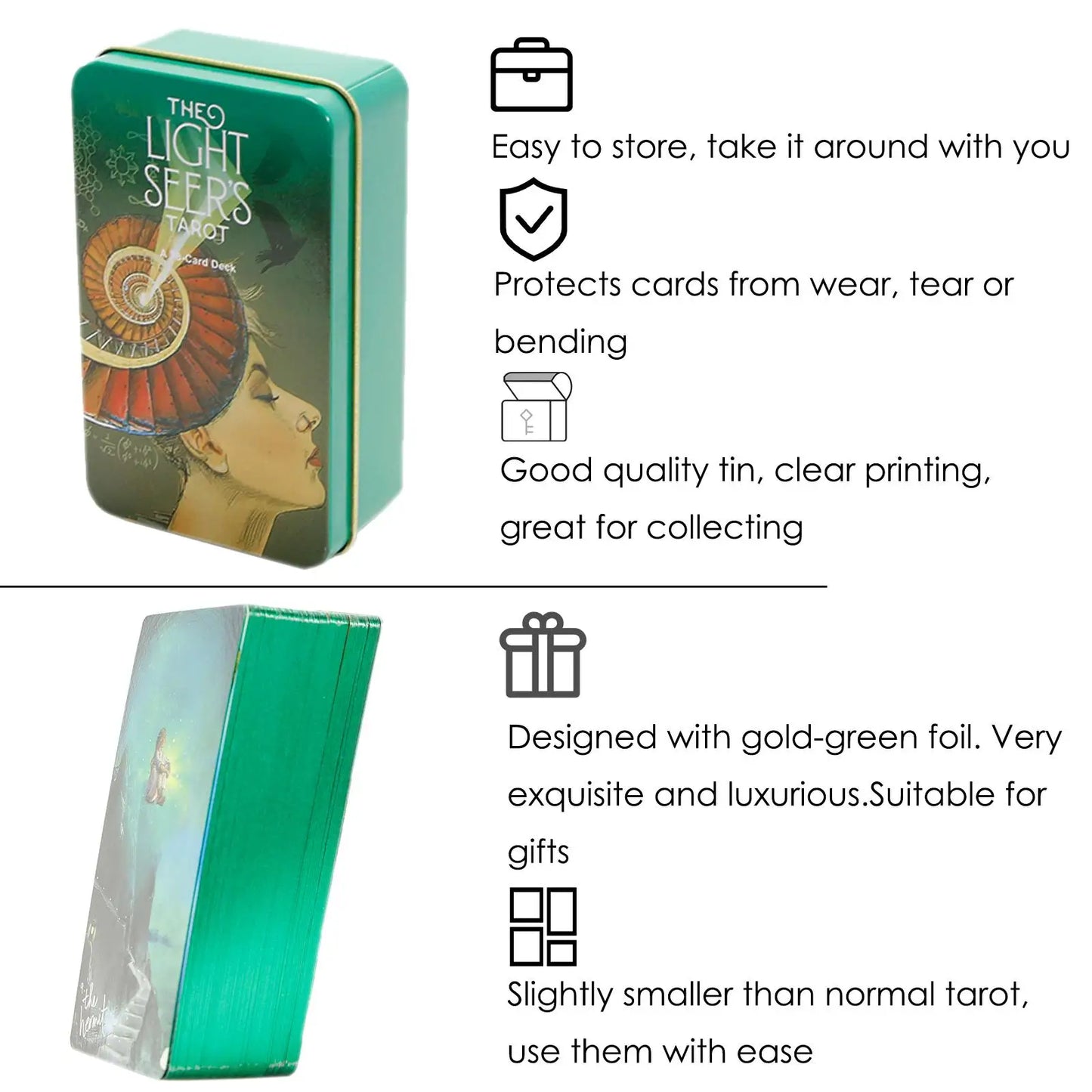 Light Seers Tarot Deck in A Tin, Classic Tarot Cards for Beginners (Gilded Green)