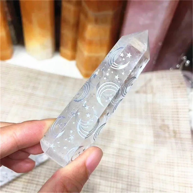 1PC Natural Clear Crystal Quartz Tower Carved Rune Moon Star Spiritual Crystals Healing Wands Point Ornament